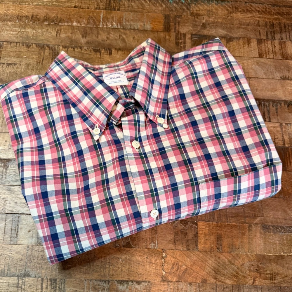 Brooks Brothers Mens Large Pink Navy Plaid Cotton Button Down Shirt Long Sleeve